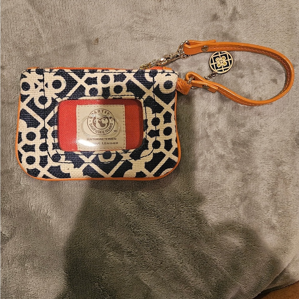 Spartina Canvas Wristlet Wallet with Navy Geometric Print and Tan Trim